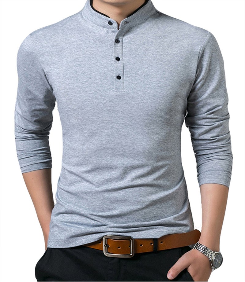 KUYIGO Men's Casual Slim Fit Shirts Long Sleeve Polo Mandarin Collared Lightweight T-Shirts Grey 2X-Large - Image 2